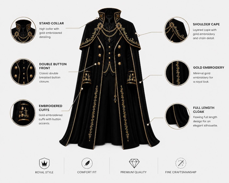 May include: A black full-length cloak featuring a stand collar, double-breasted button front, and gold embroidery. The garment includes a layered shoulder cape with chain detail, embroidered cuffs, and button accents. Text labels highlight features like stand collar, shoulder cape, double button front, gold embroidery, embroidered cuffs, and full length cloak.