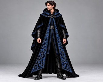 Gothic-Umhang für Herren mit Kapuze, schwarzer Samt-Zauberermantel, Mittelalter-Renaissance-Umhang, Zauberer-LARP-Kostüm, Fantasy-Halloween-Gothic-Kleidung