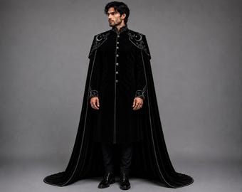 Gotischer Zaubererumhang für Herren, schwarzer Samt-Himmelscape, mittelalterliches Vampirkostüm, Renaissance-Fantasy-LARP-Outfit