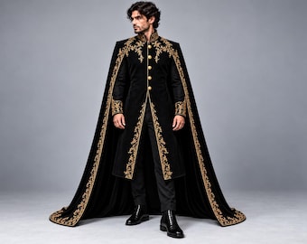 Schwarzer Samt-Umhang für Herren, viktorianischer Mantel mit Goldstickerei, barockes Prinzenkostüm, Mittelalter-, Renaissance-, Gothic- und Fantasy-Cosplay