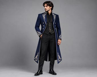 Herren-Frack im Gothic-Stil in Marineblau, bestickter viktorianischer Steampunk-Mantel, formelle Hochzeitsjacke im Aristokraten-Cosplay-Stil