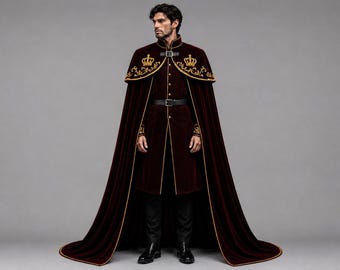 Königlicher Umhang aus burgunderrotem Samt, mit goldener Krone bestickte Robe, hochgeschlossenes gotisches Vampirprinzen-Maskenballkostüm