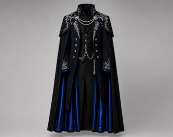 Men’s Gothic Victorian Tailcoat, Black Cotton Embroidered Steampunk Coat, Royal Blue Vampire Jacket, Cosplay Wedding Gothic Costume