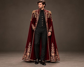 Königlicher Samtumhang für Herren, goldbestickter Barockmantel, viktorianisches Prinzenkostüm, Renaissance-Vampir-Fantasy-Hochzeitszeremonienkleidung