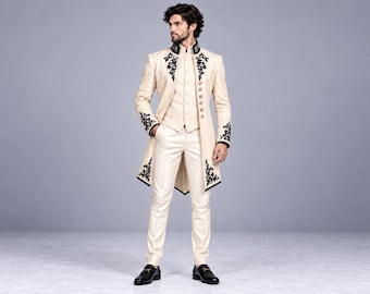 Weißer bestickter Frack, gotischer viktorianischer Bräutigamsmantel, königliches Prinzenhochzeitsjackett, barocke Regency-Festkleidung, aristokratische Herrenmode