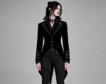 Gothic-Samtfrack für Damen, viktorianischer Vampirmantel, schwarze Jacke mit Rosenstickerei, romantische Gothic-Kleidung, Renaissance-Festival-Outfit