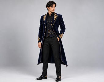 Gothic-Samtfrack für Herren, viktorianischer Steampunk-Mantel, goldbestickte Hochzeitsjacke, barocke Festkleidung
