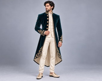 Königlicher Frack für Herren, viktorianischer Gehrock, barockes Prinzenkostüm, smaragdgrün bestickte Hochzeitsjacke, formelle Kleidung für Maskenbälle im Regency-Stil