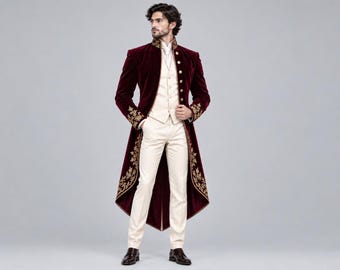 Burgunderfarbener Samtfrack für Herren, viktorianisch-gotischer langer Mantel, goldbestickte Steampunk-Jacke, Renaissance-Hochzeitsanzug für Bräutigam