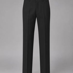 May include: A pair of solid black trousers featuring a structured waistband with a single button closure, a zippered fly, and belt loops. The pants have a straight-leg cut with a clean, pressed crease running down the center of each leg.