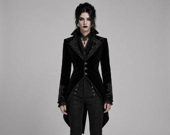 Viktorianischer Damenfrack, schwarzer gotischer Samtmantel mit Stickerei, Steampunk-Aristokratenjacke, Cosplay-Outfit für Vampir- und Renaissance-Festivals