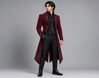 Gothic-Frack für Herren, burgunderroter viktorianischer Steampunk-Mantel, bestickte Vampir-Hochzeitsjacke, festliche Kleidung im Stil der Dark Fantasy