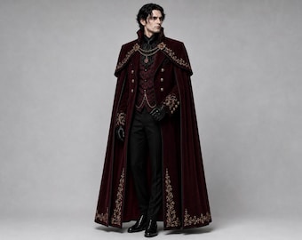 Men's Burgundy Velvet Embroidered Suit with Cape, Gothic Wedding Groom Outfit, Victorian Formal Wear, Royal Baroque Renaissance Menswear