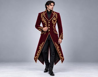 Burgunderfarbener Samtfrack für Herren, gotischer viktorianischer Prinzenmantel, Renaissance-Hochzeitsjacke, barockes königliches Steampunk-Kostüm, formelle Kleidung