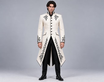 Viktorianischer Gothic-Frack für Herren, weißer Gothic-Hochzeitsmantel, Vampirfürsten-Kostüm, Renaissance-Aristokratenjacke, Fantasy-Bräutigam-Festkleidung