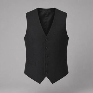 May include: A solid black vest featuring a V-neckline, a five-button front closure, and two horizontal welt pockets at the waist. The garment is constructed with a pointed hem and a clean, structured design suitable for formal or professional attire.