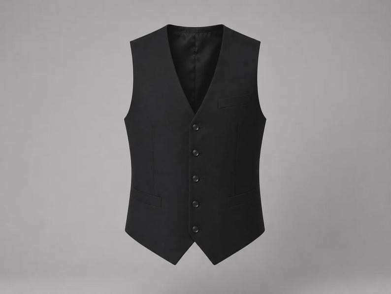 May include: A solid black vest featuring a V-neckline, a five-button front closure, and two horizontal welt pockets at the waist. The garment is constructed with a pointed hem and a clean, structured design suitable for formal or professional attire.