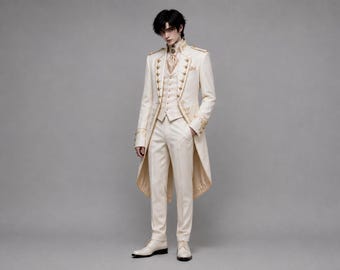 Weißer Herren-Militärfrack, viktorianische Hochzeitsjacke, goldbestickter Bräutigamsmantel, königliche Prinzenjacke, Steampunk