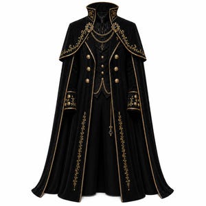 Gothic Vampire Coat Men, Black Gold Victorian Cape, Steampunk Tailcoat, Renaissance Cosplay Outfit