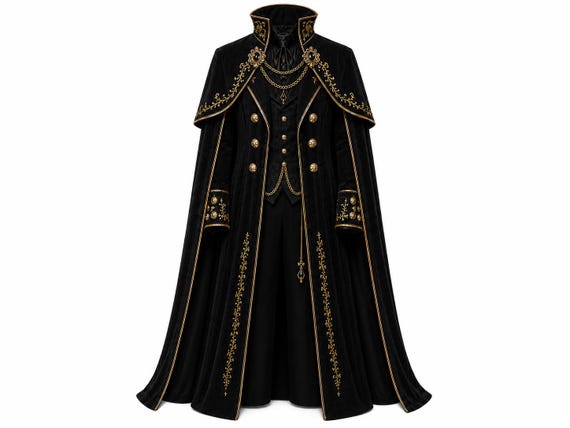 Gothic Vampire Coat Men, Victorian Black Gold Cape, Steampunk Tailcoat, Medieval Royal Costume, Dark Fantasy Renaissance Cosplay Outfit