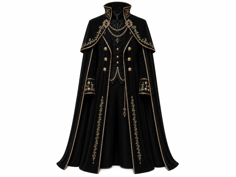 Gothic Vampire Coat Men, Black Gold Victorian Cape, Steampunk Tailcoat, Renaissance Cosplay Outfit