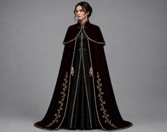 Damen-Umhang aus burgunderrotem Samt, viktorianischer Mantel mit Rosenstickerei, mittelalterliches Königskostüm, dunkelromantisches Fantasy-LARP-Hochzeitskleid