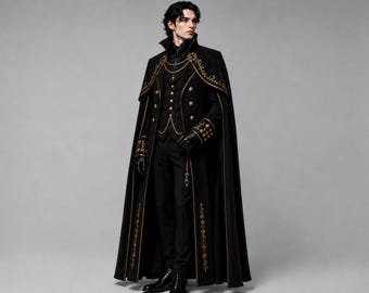 Gothic-Vampirmantel für Herren, viktorianischer Umhang in Schwarz und Gold, Steampunk-Frack, mittelalterliches Königskostüm, Dark-Fantasy-Renaissance-Cosplay-Outfit