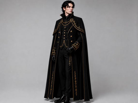 Gothic Vampire Coat Men, Victorian Black Gold Cape, Steampunk Tailcoat, Medieval Royal Costume, Dark Fantasy Renaissance Cosplay Outfit