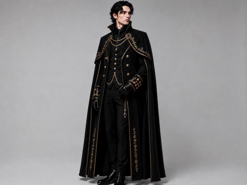 May include: A black floor-length cape featuring gold embroidery along the edges, worn over a black vest with gold buttons, a black shirt, and black trousers. The ensemble includes black gloves and a gold chain accessory draped across the chest.