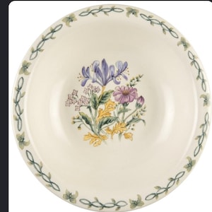 May include: A round, cream-colored ceramic bowl featuring a central floral arrangement with purple, pink, and yellow flowers and green leaves. The rim is decorated with a continuous, delicate green vine pattern with small leaves encircling the edge.