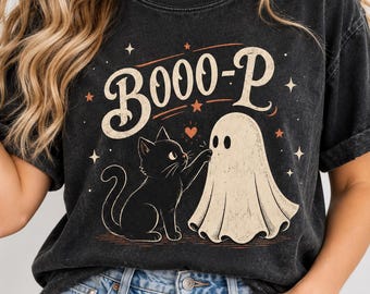 Booo-p Ghost Black Cat T-Shirt, Funny Halloween Cat Mom Shirt, Spooky Cat Lover Shirt