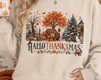 Happy Hallothanksmas Sweatshirt, Halloween Thanksgiving Christmas Shirt, Fall Autumn Shirt, Holiday Season Gift