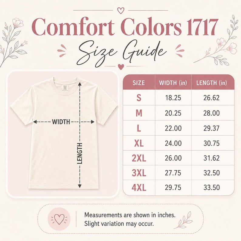 以下が含まれることがあります： Comfort Colors 1717のサイズガイド。クリーム色のTシャツに幅と長さを示す矢印が描かれています。表にはSから4XLまでのサイズとインチ単位の寸法が記載されています。測定値はインチで表示されており、多少の誤差が生じる可能性があるとの記載があります。