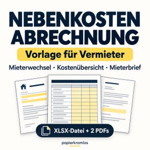 Könnte beinhalten: Eine digitale Vorlage für die Nebenkostenabrechnung mit dem Text NEBENKOSTEN ABRECHNUNG, Vorlage für Vermieter, Mieterwechsel, Kostenübersicht, Mieterbrief sowie XLSX-Datei + 2 PDFs, dargestellt mit drei Dokumentensymbolen.