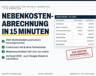 Nebenkostenabrechnung Excel Vorlage | Betriebskostenabrechnung Vermieter | CO2 Rechner | Mieteranschreiben | auch Google Sheets