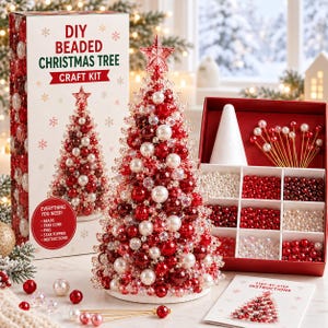 May include: A DIY beaded Christmas tree craft kit featuring a white box with the text DIY BEADED CHRISTMAS TREE CRAFT KIT, a finished tree covered in red, white, and clear beads with a star topper, and a red box containing beads and pins.