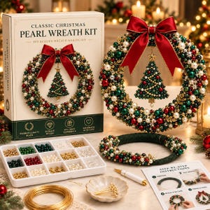 May include: A Classic Christmas Pearl Wreath Kit featuring a box with the product name, a finished wreath with red, green, and white beads and a red bow, a partially beaded wreath frame, a bead organizer tray, gold wire, and instruction sheets.