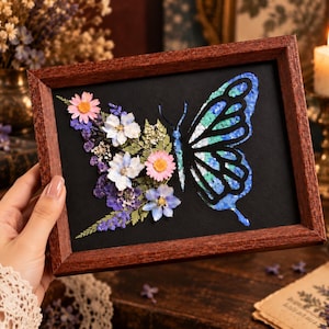 Mother of Pearl Butterfly Wall Art, Pressed Flower Frame, Preserved Floral Botanical Decor, Shell Inlay Art, Unique Handmade Home Decor