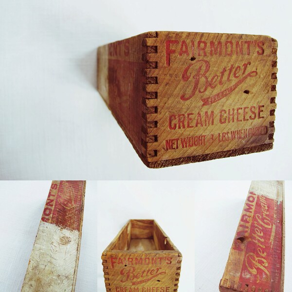 who cut the cheese - vintage cream cheese box - rustic wood crate