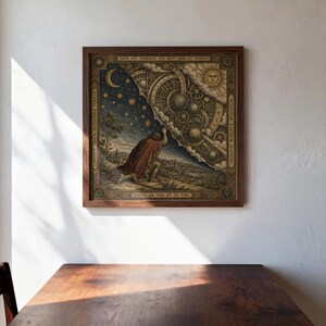 Puede incluir: Una pieza de arte mural cuadrada y enmarcada que presenta una ilustración intrincada de una persona con capa roja arrodillada y alcanzando un cielo estrellado. La imagen incluye engranajes celestiales, un sol, una luna y texto en latín.