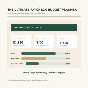May include: A digital budget planner interface titled THE ULTIMATE PAYCHECK BUDGET PLANNER. It features a PAYCHECK COMMAND CENTER with sections for AVAILABLE CASH $3,350, LEFT TO ASSIGN $100, and NEXT PAYDAY Sep 25, plus progress bars for Bills, Essentials, and Savings.