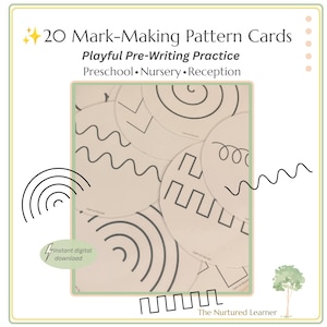 Peut inclure: Un ensemble de 20 cartes de motifs de traçage circulaires avec des dessins au trait noir sur fond beige clair. Le texte indique 20 Mark-Making Pattern Cards, Playful Pre-Writing Practice, Preschool Nursery Reception et The Nurtured Learner.