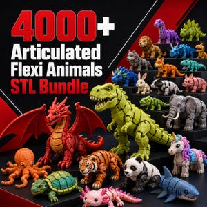 Puede incluir: Una colección de más de 4000 figuras de animales articulados flexibles de varios colores y especies, incluyendo un dragón rojo, un T-Rex verde, un tigre naranja, un panda y un unicornio, con el texto 4000+ Articulated Flexi Animals STL Bundle.