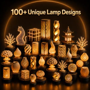 May include: A collection of various illuminated lamps with intricate geometric, organic, and architectural patterns. The display features diverse shapes including a cat, a pagoda, spheres, and cylinders, all glowing with warm light. Text reads 100+ Unique Lamp Designs.