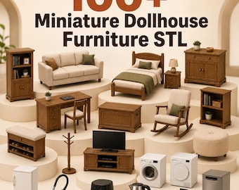 May include: A collection of miniature dollhouse furniture including a sofa, bed, desk, chair, rocking chair, storage chest, cabinets, and appliances. The text 100+ Miniature Dollhouse Furniture STL is displayed at the top of the image.