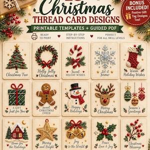 Könnte beinhalten: Eine digitale Sammlung von 15 weihnachtlichen Stickkarten-Designs mit gestickten Motiven wie Tannenbaum, Kranz, Zuckerstange, Schneeflocke, Socke, Geschenk, Lebkuchenmann, Schneemann, Rentier, Ornamenten, Haus, Stern, Glocken, Stechpalme und Beeren mit Text.