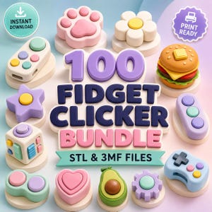 Puede incluir: Una colección digital de 100 diseños de fidget clicker con varias formas como una pata, flor, hamburguesa, estrella, cubo, corazón, aguacate, engranaje y mandos de juego. El texto dice 100 FIDGET CLICKER BUNDLE STL & 3MF FILES.