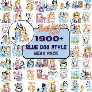 Paquete de más de 1900 imágenes PNG SVG de Bluey + fuente adicional, paquete de imágenes prediseñadas de bingo de Bluey Dog, diseños originales para manualidades, colorear e imprimir en cumpleaños.