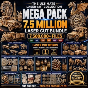 Op de afbeelding: Een digitale advertentie voor een laser-cut collectie megapakket met 7,5 miljoen bestanden. De afbeelding toont diverse houten 3D-modellen, waaronder een reuzenrad, Eiffeltoren, trein, draak en voertuigen, naast categorieën voor decoratie en knutselwerk.