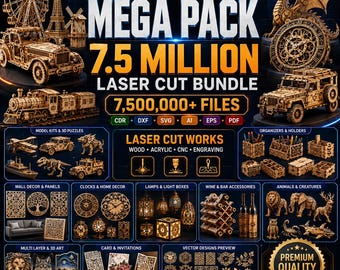 May include: A digital advertisement for a laser cut collection mega pack featuring 7.5 million files. The image displays various wooden 3D models including a ferris wheel, Eiffel tower, train, dragon, and vehicles, alongside categories for decor and crafts.